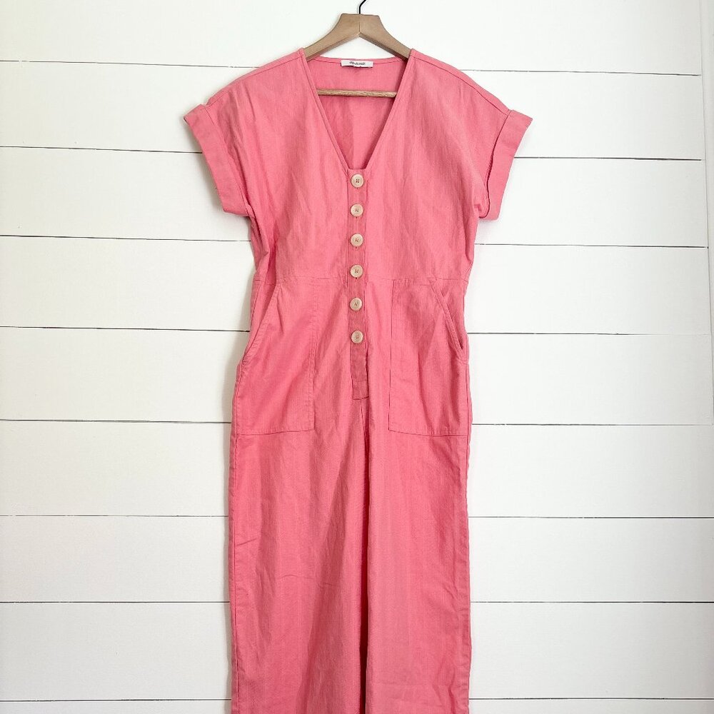 Madewell cotton pink wide leg jumpsuit with button front